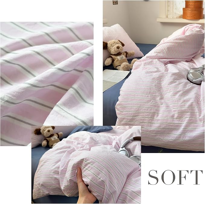 mixinni Pink White Striped Duvet Cover Full Size, 3-Piece Washed Microfiber Vintage Striped Bedding Set, Soft Aesthetic Stripe Pattern Duvet Cover with Zipper Closure & Corner Ties for Women Girls