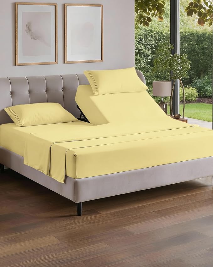 Flex Top Split Head King 4 Piece Sheet Set - Ultra-Soft & Cooling - Yellow | Cooling Bed Sheets Set, Hotel Luxury Bedding for Women & Men with Deep Pockets, Wrinkle Free & Fade Resistant, Oeko-Tex