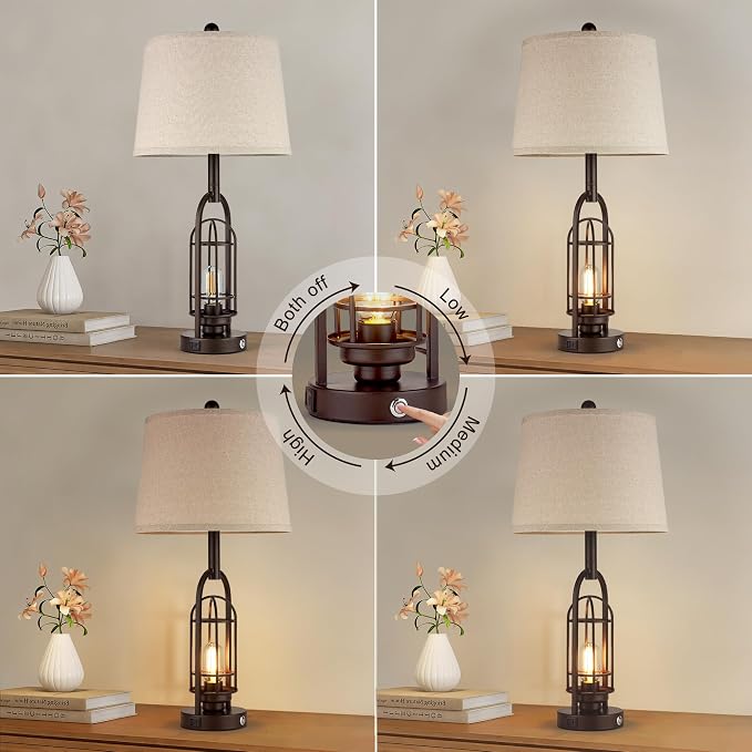 Living Room Lamps Set of 2, Farmhouse Table Lamps with USB A+C Charging Ports, Touch Lamps for Bedrooms with Oil Rubbed Bronze Finish, 4 Bulbs Included