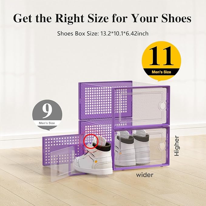 Kuject X-Large Shoe Storage Boxes 12 Pack, Clear Stackable Shoe Organizer | Shoe Case for Closet, Entryway & Under-Bed Storage, Drop-Front Design, Space-Saving Solution for Family Organization,Purple