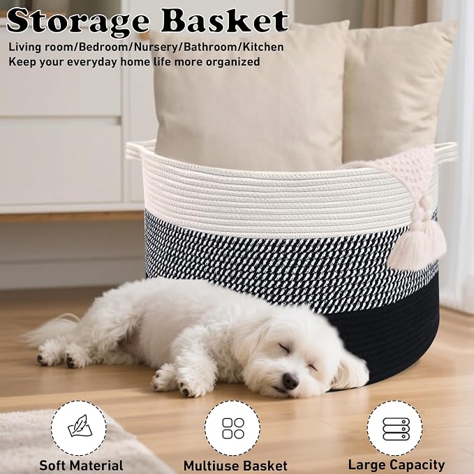 90L Extra Large Blanket Basket,Woven Laundry Basket-Mixed Black | Collapsible Nursery Storage Bin with Sturdy Handles, Organizes Clothes, Toys and Pillows for Living Room, Bedroom, Bathroom