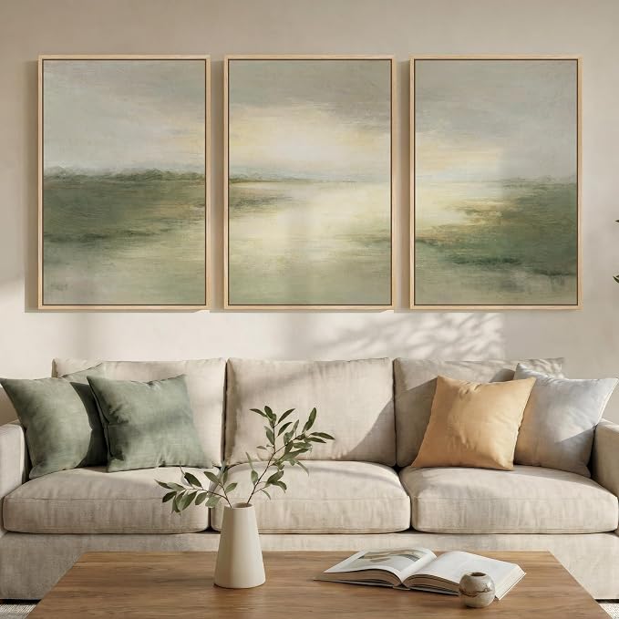 Large Framed Sage Green Abstract Landscape Wall Art for Living Room, 24x36 | Green nature pictures, Canvas print, Wood frame, 3 piece paintings, Modern rustic artwork, Wall decor for bedroom dining room