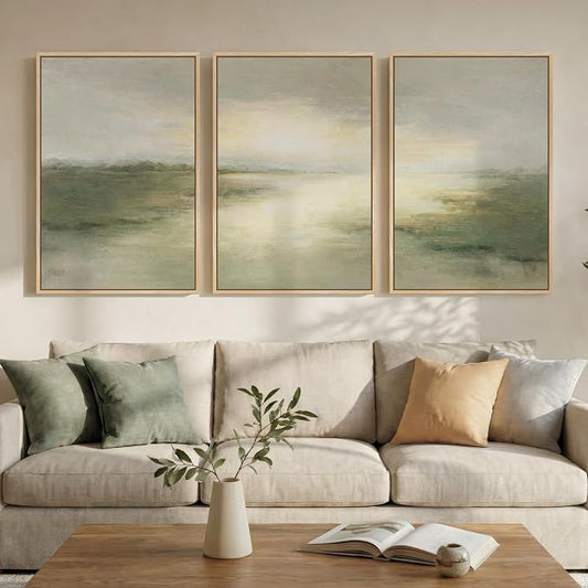 Large Framed Sage Green Abstract Landscape Wall Art for Living Room, 24x36 | Green nature pictures, Canvas print, Wood frame, 3 piece paintings, Modern rustic artwork, Wall decor for bedroom dining room
