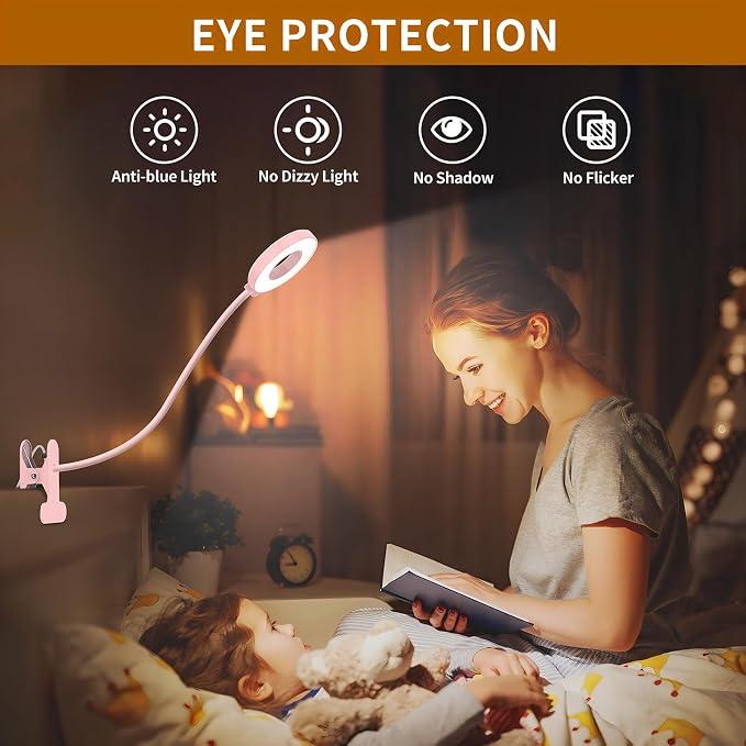 iZELL LED Desk Lamp with Clamp, Reading Light with 3 Color Modes & 10 Brightness Levels, Flexible Arm Book Light for Kids Reading in Bed at Night, Clip on Table, Computer, Zoom Meetings - 27.6'' Pink
