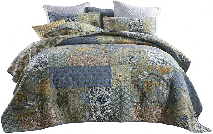 ENASAL Cotton Bedspread Quilt Sets Reversible Bedding Coverlet Sets Comforter,Patchwork Vintage Paisley Rustic Turquoise Bedspread, King Size