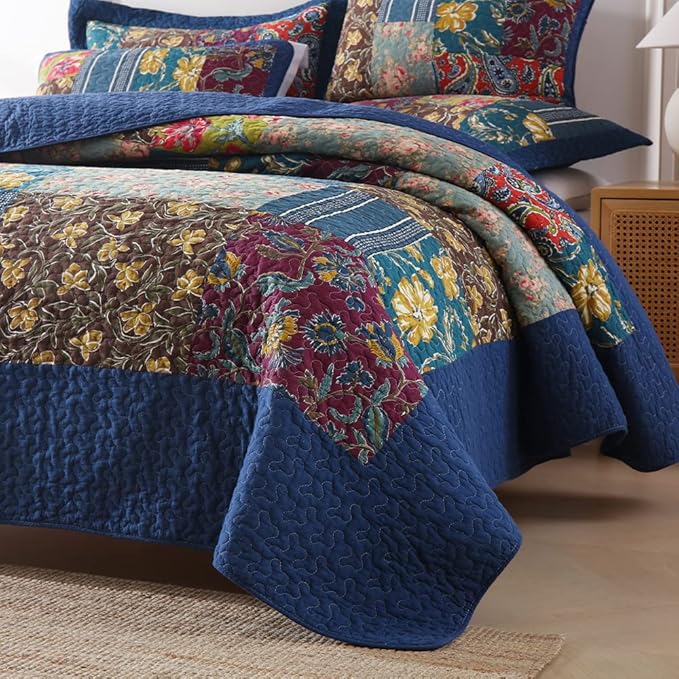 VISIMISI Cotton Bedspread Quilt Sets Reversible Bedding Coverlet Sets 3 Pieces Patchwork Blue Vintage Floral Paisley Bedspread, Queen Size