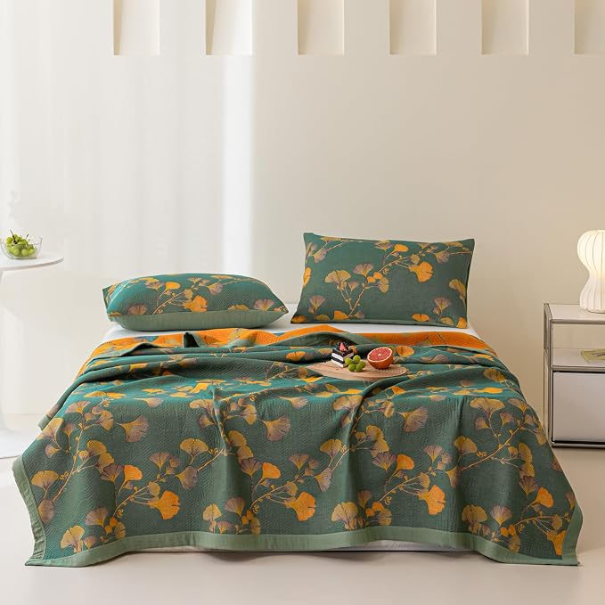 100% Cotton Jacquard Quilt Floral Ginkgo Leaves Print,Soft Muslin Bed Cover 3 Layers Reversible Bedspread Coverlet Breathable Lightweight Bedding,King(98"x94"), No Pillow Sham