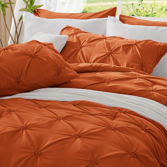 BEDELITE Queen Comforter Set Burnt Orange,Lightweight & Soft Comforter | Pintuck Boho Bedding, Warm & Cute Bed Set for All Season,With 2 Pillowcases