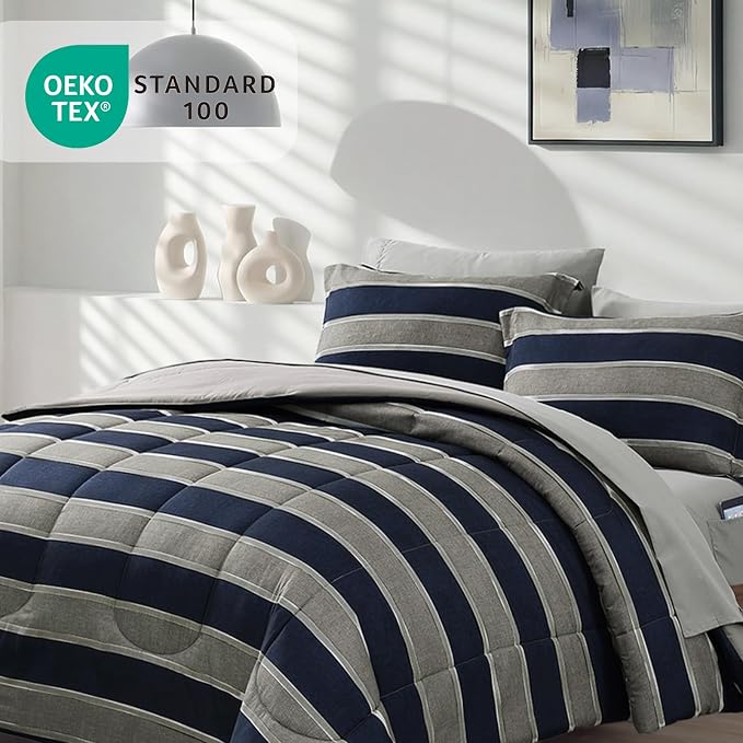 Monbix Queen Comforter Set-7 Pieces Striped Bed in a Bag Queen Bedding Sets | All Season Grey Reversible Soft Comforter Bed Set with Sheets, Pillowcases & Shams