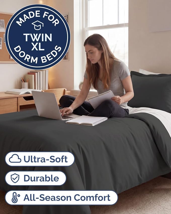 Duvet Cover Twin/Twin XL Size - 2 Piece with Zipper Closure - Charcoal | Extra Soft, Breathable, Twin/Twin XL Duvet Cover 68" x 90" w/ 1 Pillow Sham, Zipper Closures & Ties, Women, Men, Kids & Teens