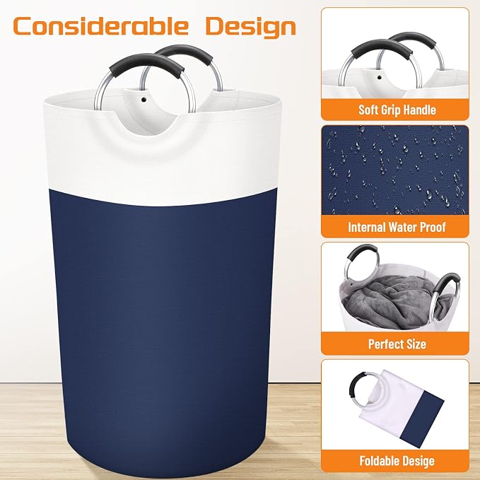 BlissTotes 90L Laundry Basket, Freestanding Collapsible Hamper, Blue | Collapsible Dirty Clothes Hamper, Foldable Laundry Bag for Dorm, Waterproof Fabric, Padded Aluminum Handles