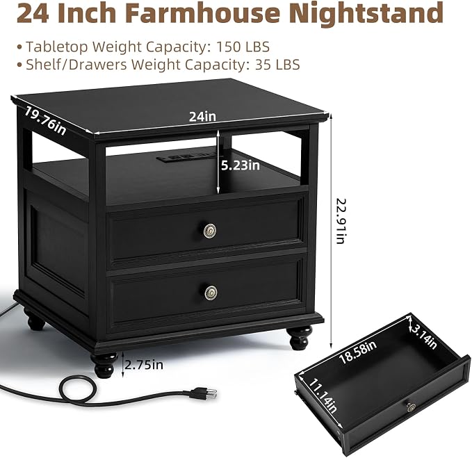 Joaxswe Farmhouse Nightstand with Charging Station, 24" Wide End Table with 2 Drawers, Black Dresser for Bedroom, Bed Side Table Chest of Drawers Cabinet,Wood Night Stand for Living Room, Closet