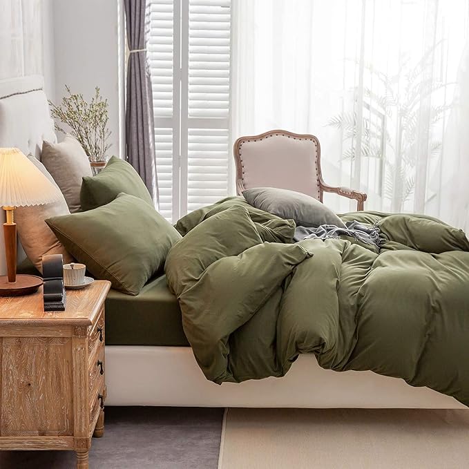 PURE ERA Jersey Knit Sheet Set Solid Olive Green Queen | 100% Cotton, 3 Piece Set, T Shirt Soft, Breathable, Envelope Closure Pillowcases, Hidden Zipper, 8 Ties, No Insert, Modern