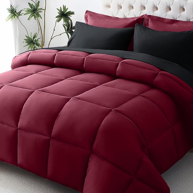JOLLYVOGUE Full Comforter Set, Ultra-Soft Bed in a Bag Full Size 7 Pieces, Oeko-TEX Certified Bedding Set with Down Alternative Comforter, Sheets, Pillowcases & Shams, Burgundy & Black