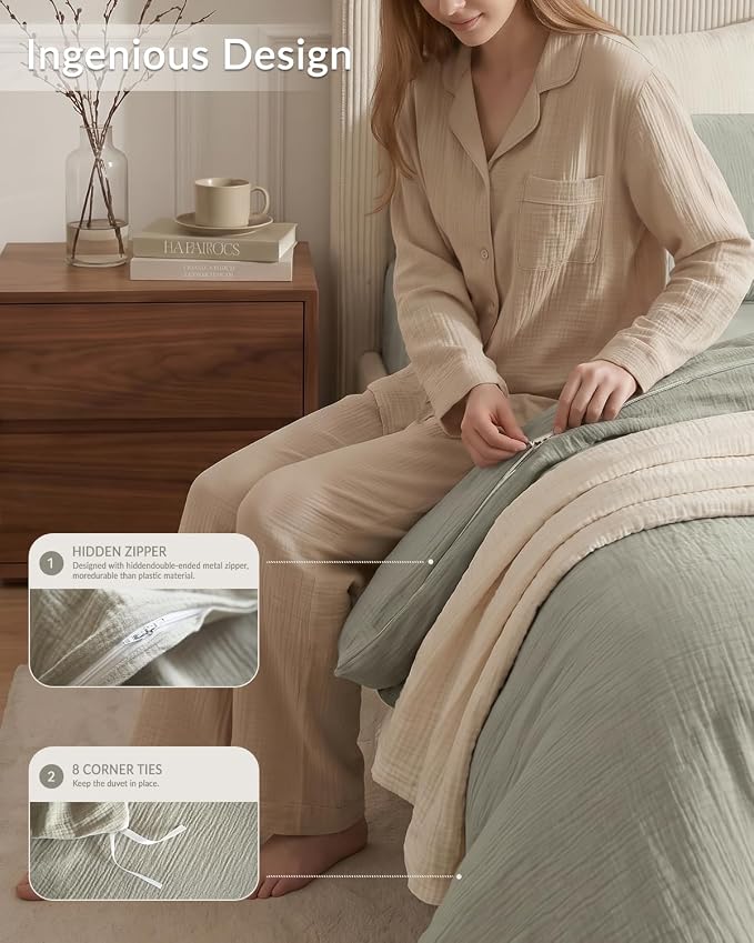 SE SOFTEXLY Muslin Duvet Cover King Size, 100% Washed Cotton Duvet Cover Set, Ultra Soft Comforter Cover Linen Like, 3 Pieces Minimalist Gauze Duvet Cover with 2 Pillowcases, 90"x104", Nature