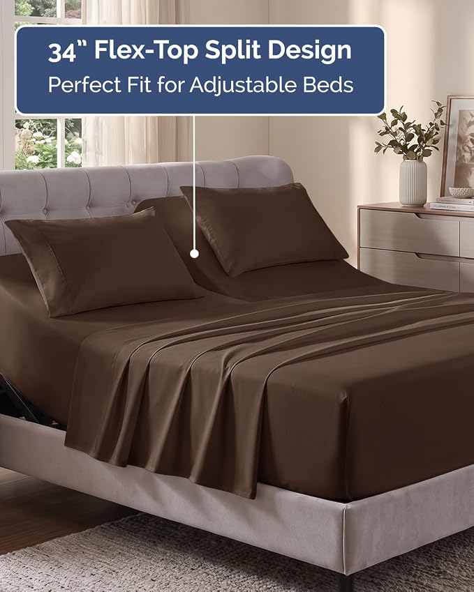 Flex Top Split Head King Sheet Set - 4 Piece Extra Deep Sheets - Brown | Easily Fits 18 to 24 inch Mattress, Ultra Soft, Wrinkle & Fade Free with Extra Deep Pockets, Comfy Hotel Luxury Bedding