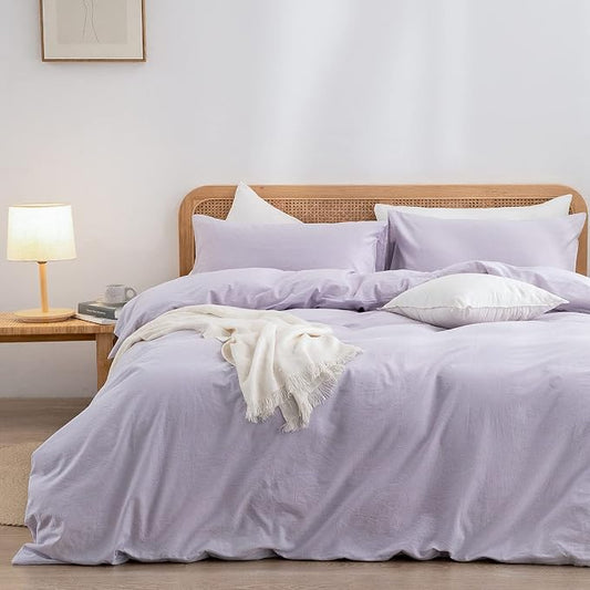 BESTOUCH Cotton Solid Duvet Cover Set Linen Feel Taro Purple Super King | 100% Washed Cotton, Soft Wrinkle Texture, Hidden Zipper, 8 Ties, Breathable Lightweight Durable Comfy, 3 Pcs No Insert