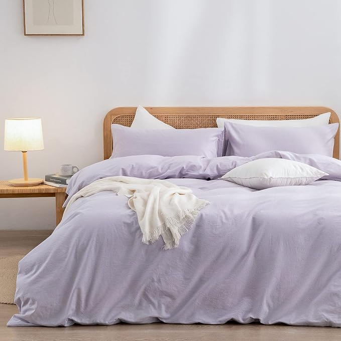 BESTOUCH Cotton Solid Duvet Cover Set Linen Feel Taro Purple Oversized King | 100% Washed Cotton, Soft Wrinkle Texture, Hidden Zipper, 8 Ties, Breathable Lightweight Durable Comfy, 3 Pcs No Insert