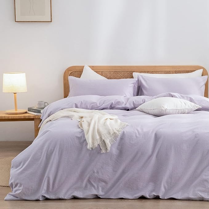 BESTOUCH Cotton Solid Duvet Cover Set Linen Feel Taro Purple Queen | 100% Washed Cotton, Soft Wrinkle Texture, Hidden Zipper, 8 Ties, Breathable Lightweight Durable Comfy, 3 Pcs No Insert