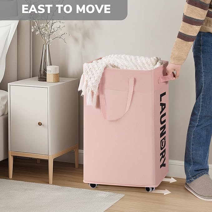 Goodpick 75L Laundry Hamper with Wheels, Dorm Room Essentials for Girls | Rolling Laundry Basket with Handles for Dirty Clothes, Fodable Hamper for Laundry Room, College Dorm, Pink