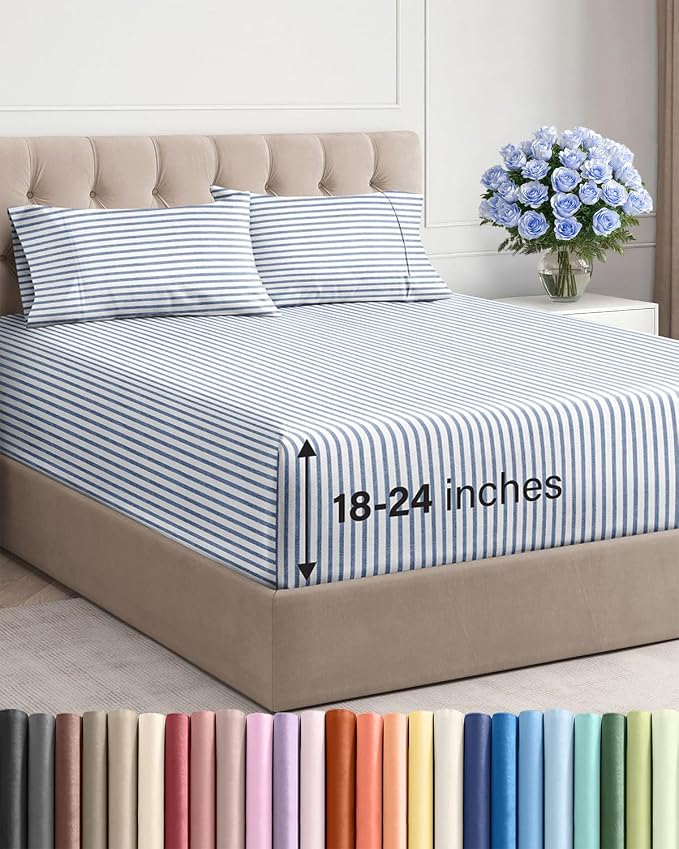 Extra Deep King Sheet Set - 4 Piece Breathable & Cooling - Blue Stripes | Easily Fits 18 to 24 inch Mattress - Ultra Soft, Wrinkle & Fade Free with Extra Deep Pockets - Comfy Hotel Luxury Bedding