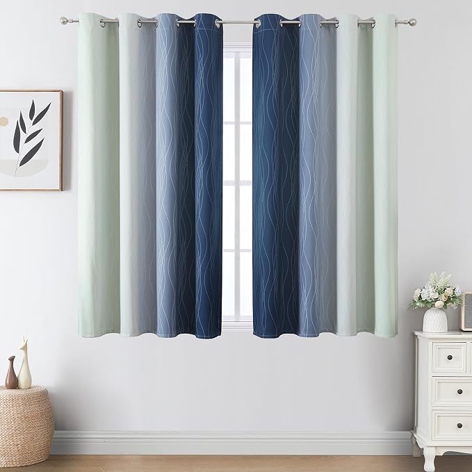 Sage Green and Navy Blue Ombre Blackout Curtains for Bedroom 45 Inches Long | Estelar Textiler Thermal Insulated, Light Blocking,Full Room Darkening Gradient Grommet Short Window Drapes,52Wx45L,2 Panels