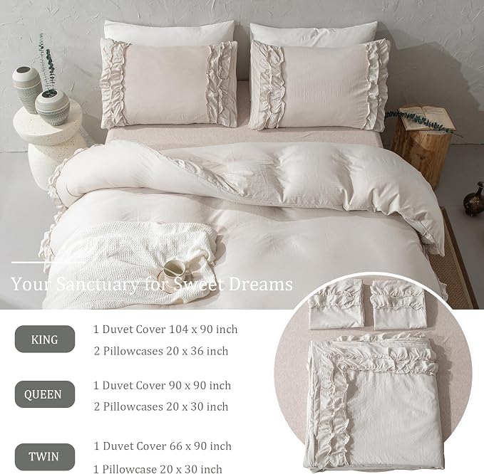 Bedorm Beige Duvet Cover Queen Shabby Chic Bedding Soft Breathable Washed Microfiber Ruffle Duvet Cover Coquette Cute Comforter Cover Girls Women