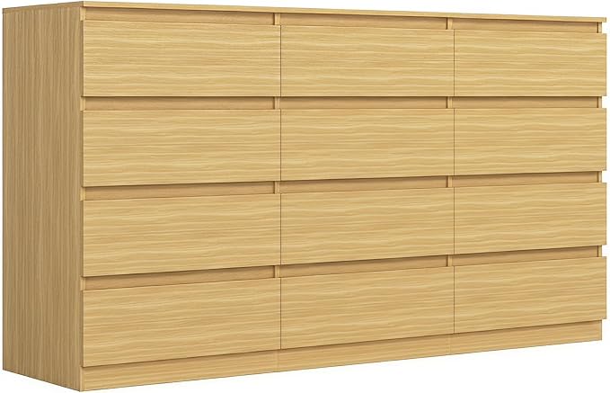 Vibe & Dine 12 Drawer Dresser, 59.1" Large Dresser for Bedroom Free Handle, Modern Wooden Chest of Drawers with Wide Storage for Living Room, Natural Wood
