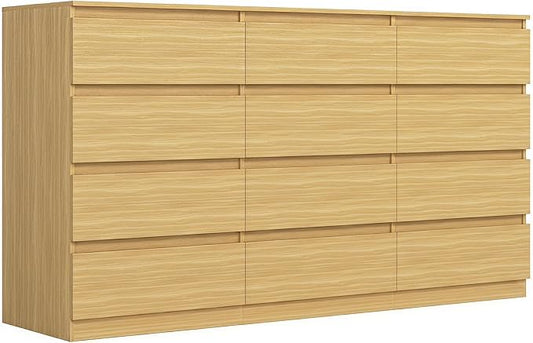 Vibe & Dine 12 Drawer Dresser, 59.1" Large Dresser for Bedroom Free Handle, Modern Wooden Chest of Drawers with Wide Storage for Living Room, Natural Wood