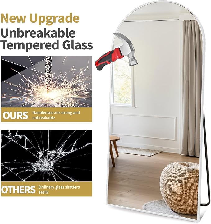 Dewfig Full Length Mirror, 70"x26" Arched Full Body Mirror, White | Aluminum Alloy Frame Floor Mirror, HD Shatterproof Tempered Glass, Lean/Stand/Wall for Living Room,Bedroom, Dressing Room