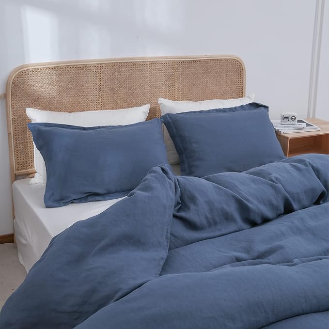 Simple&Opulence 100% Linen Duvet Cover Set 2pcs Basic Style Natural French Washed Flax Solid Color Soft Breathable Farmhouse Bedding with Button Closure - Classic Blue, Twin