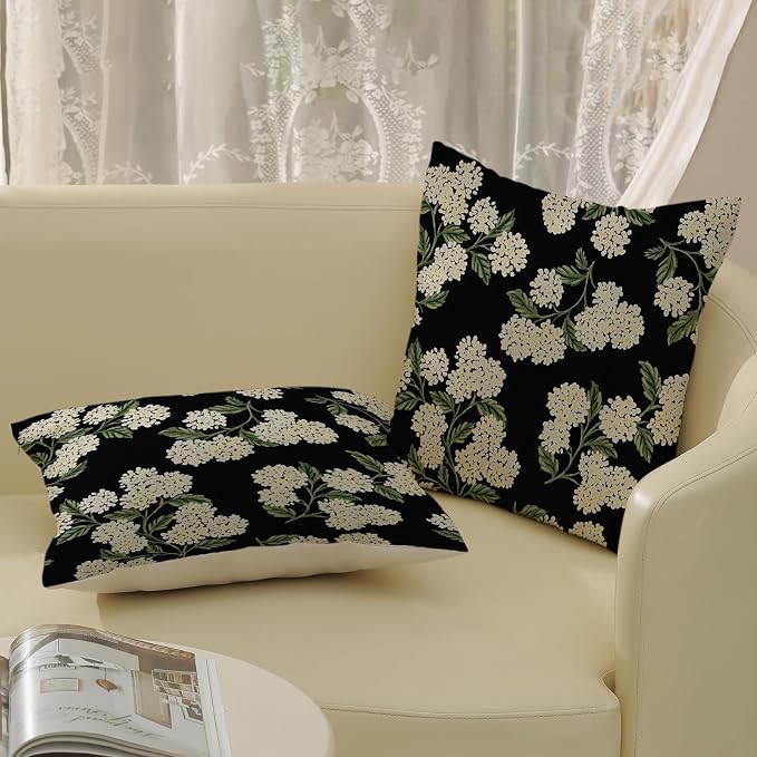 Black Spring Pillow Covers 20x20 Inch 2 Pcs Green Hydrangea Flower Decor Throw Pillows Vintage Floral Seasonal Summer Outdoor Decoration Pillowcase Linen Cushion Cover for Couch Sofa