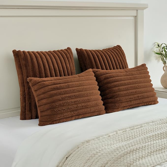 FUTEI Pack of 2 Faux Fur Throw Pillow Covers 12x20 Inch, Rust | Fluffy Faux Rabbit Fur Front/Premium Velvet Back,Hidden Zipper,Machine Washable,Non-Shedding,Colorfast,Insert Not Included.