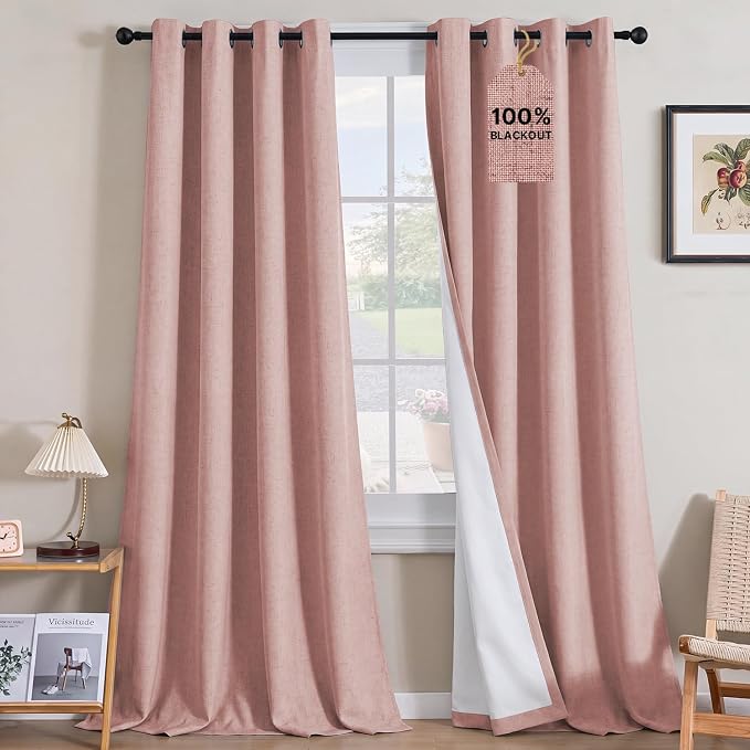 H.VERSAILTEX Linen Curtains 100% Blackout Curtains for Bedroom 120 inch Long Full Light Blocking Nature Linen Blended Window Curtains for Living Room Nickel Grommet (2 Panels, Heathered Baby Pink)
