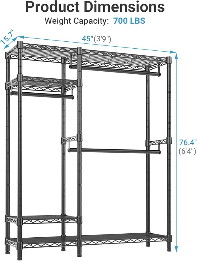 VIPEK V2C Heavy Duty Clothes Rack with Black Upgraded Polyester Cover | Metal Portable Closet with Adjustable Shelves & Hanging Rods, Freestanding Wardrobe Closet Organize for Bedroom, 700LBS