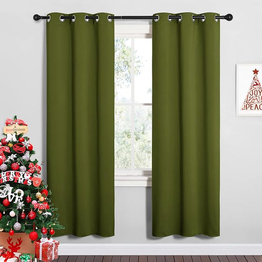 NICETOWN Bedroom Curtain Panels, 1 Pair, 34 by 72-inch, Olive Green | Christmas Holiday Decor Thermal Insulated Solid Grommet Blackout Curtains/Drapes