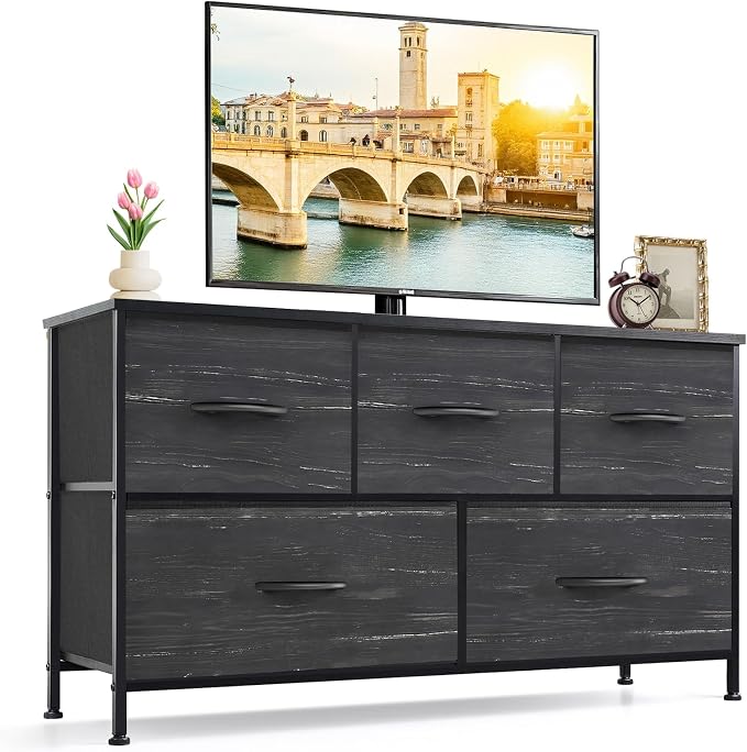 5-Drawer Dresser for Bedroom, Anti-Tip Wide Storage Organizer Fabric | Chest of Drawers TV Stand for 45" TV with Wooden Top Metal Frame for Closet, Living Room, Hallway, Entryway, Charcoal Black