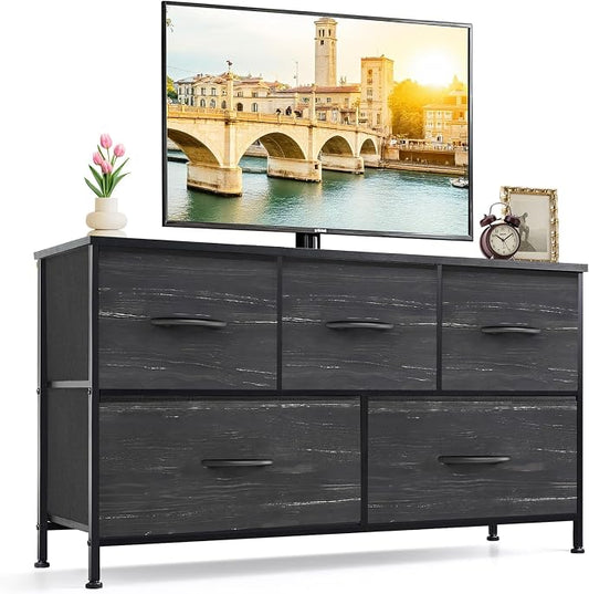5-Drawer Dresser for Bedroom, Anti-Tip Wide Storage Organizer Fabric | Chest of Drawers TV Stand for 45" TV with Wooden Top Metal Frame for Closet, Living Room, Hallway, Entryway, Charcoal Black