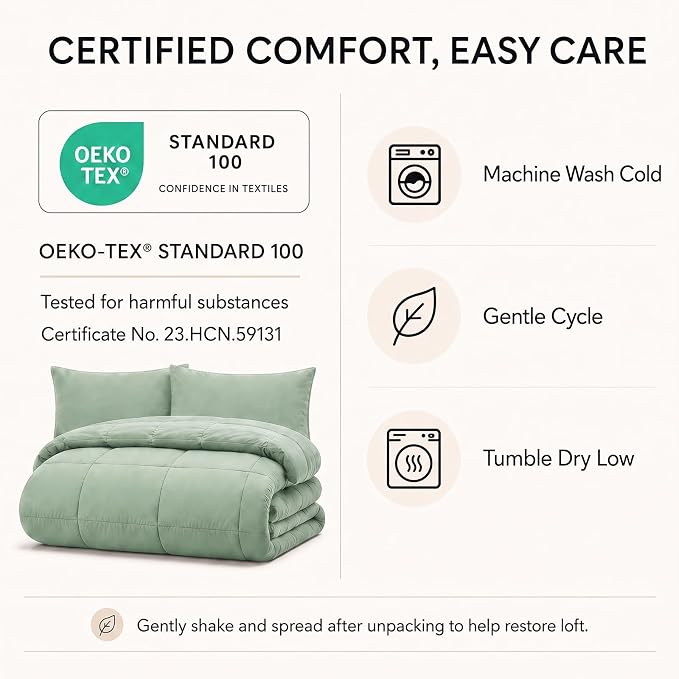 Full Size Comforter Sets Sage Green - 7 Pieces Bed in a Bag | OEKO-TEX Certified, All-Season, Bedroom, Guest Room, Down-Alternative Comforter + Flat & Fitted Sheets + 4 Pillowcases