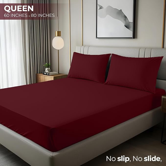 Queen Fitted Sheet, Ultra Soft Fits Up to 16 Inch Deep Pocket, Burgundy | Hotel Comfort, Cooling & Breathable Cotton like Polyester, Easy Fit, Wrinkle & Fade Resistant, Snug Fit, Easy Care, Oeko-Tex