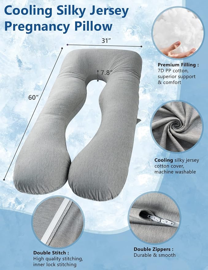 Meiz Pregnancy Pillows, Cooling Silky Pregnancy Pillows for Sleeping, 60" Full Body Maternity Pillow for Tall Pregnant Woman with Cooling Silk Jersey Cover, Grey
