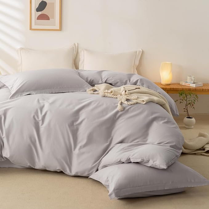 OAITE Duvet Cover Set 100% Washed Cotton Solid 3pcs | Soft,Durable,Long-staple Cotton,Hidden Zipper with 8 Interior Corner Ties,2 Pillowcases