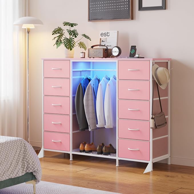 LUMTOK 55"W Dresser with Hanging Rack,10 Fabric drawers & Hooks for Bedroom | Pink 10 Drawers Dresser with LED Lights, Charging Station,chest of drawers with wooden top for clothing storage organization