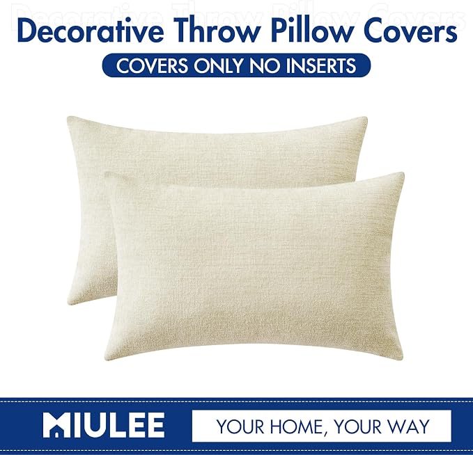 MIULEE Soft Chenille Lumbar Throw Pillow Covers Cream 12x20 Inch Pack of 2 | Modern Home Decor, Classic Decorative Pillows, Solid Dyed Cases, Boho Couch Cushion Covers for Sofa Bed Living Room