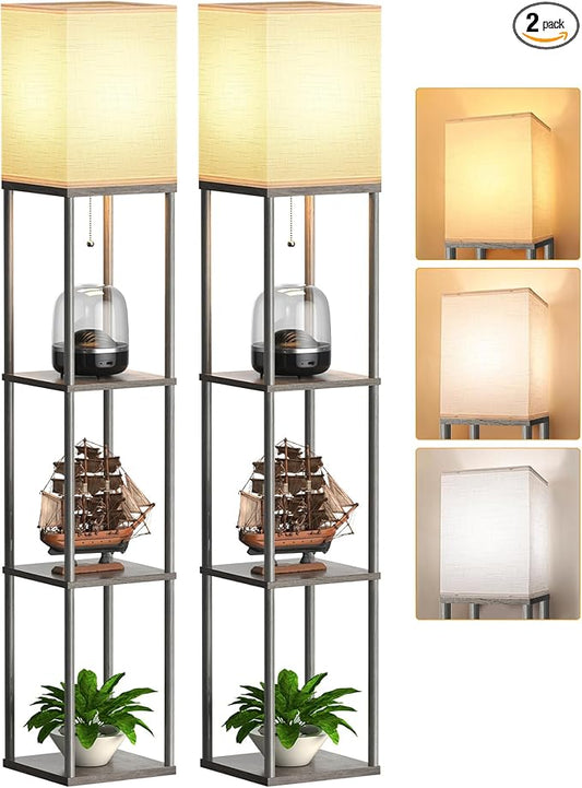 Floor Lamp with Shelves for Living Room 2 Pack Oak Gray, Shelf Floor Lamp with 3 CCT LED Bulb, Corner Display Standing Column Lamp Etagere Organizer Tower Nightstand with White Linen Shade for Bedroom
