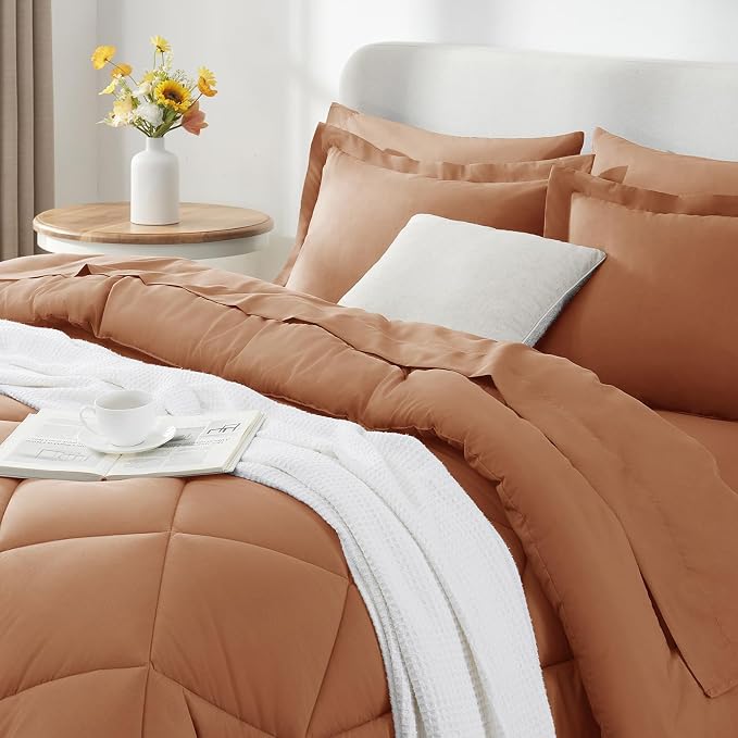 King Size Comforter Set Pumpkin - 7 Pieces Complete Bedding Set | OEKO-TEX Certified, All Season, 240GSM Down-Alternative Comforter, Sheets, Pillowcases & Shams, 14" Deep Pocket, Easy Care