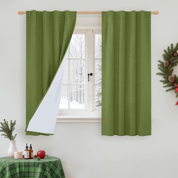 100% Blackout Linen Curtains for Bedroom 45 Inches Long 2 Panels | Sage Green, Linen Textured, Thermal Window Drapes, Christmas, Rod Pocket Back Tab Panels, with White Liner, 38 x 45 Inch