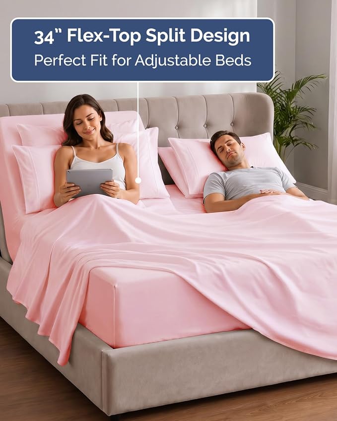 Extra Deep Flex Top Split Head King Sheet Set - 6 Piece Breathable and Cooling Sheets - Hotel Luxury Bedding for Women, Men, Kids & Teens - Easy Secure Fit - Extra Deep Pockets - Baby Pink