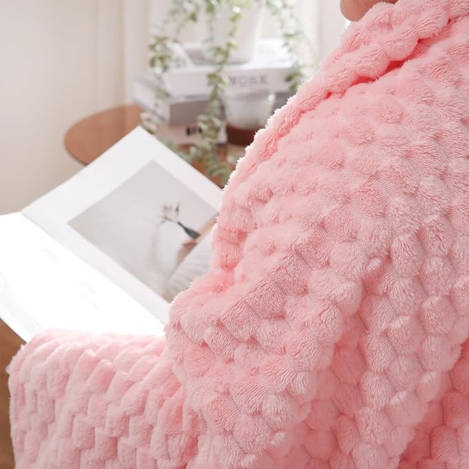 Puncuntex Light Pink Throw Blanket 108"×90" Fuzzy 3D Jacquard Decorative | Flannel Fleece Super Soft Plush Cozy Blanket for Couch Sofa Chair Lightweight