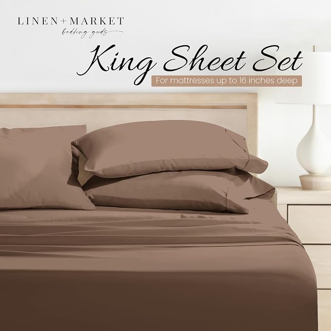 Linen Market Brushed Microfiber King Sheet Set 4 Piece – Oeko-TEX Certified Ultra Soft & Wrinkle-Free - 16" Deep Pocket Sheets - Easy Care King Size - Taupe